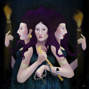 Three-sided Hecate holding torches, snake, and key.