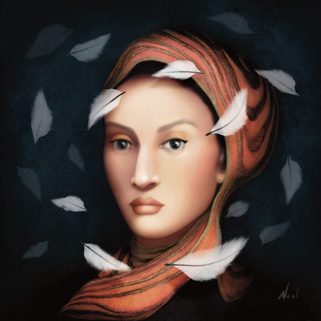 Portrait of a woman wearing a scarf surrounded by whirling feathers.