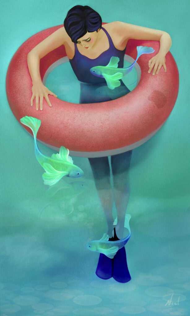 Woman floating in inner tube gazing into the water surrounded by fish.