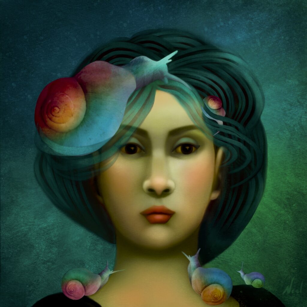 Woman with snails on her head and shoulders.