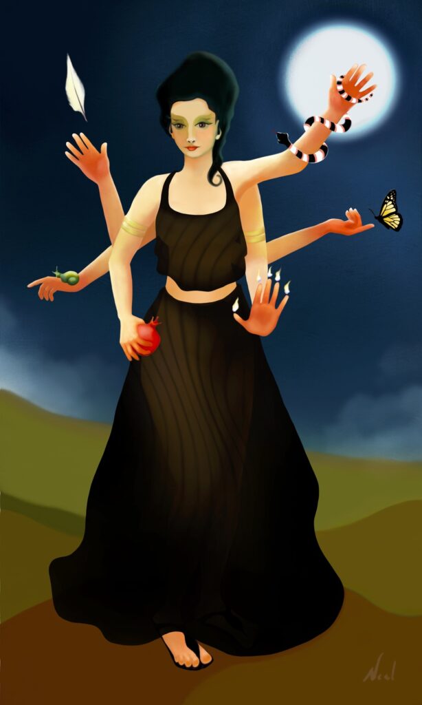 Goddess with multiple arms holds symbolic images.
